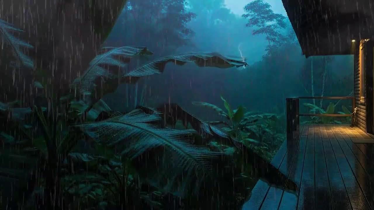 Drift to Sleep with Light Rainfall and Soft Thunder Echo at Forest Cabin Terrace 🌧️