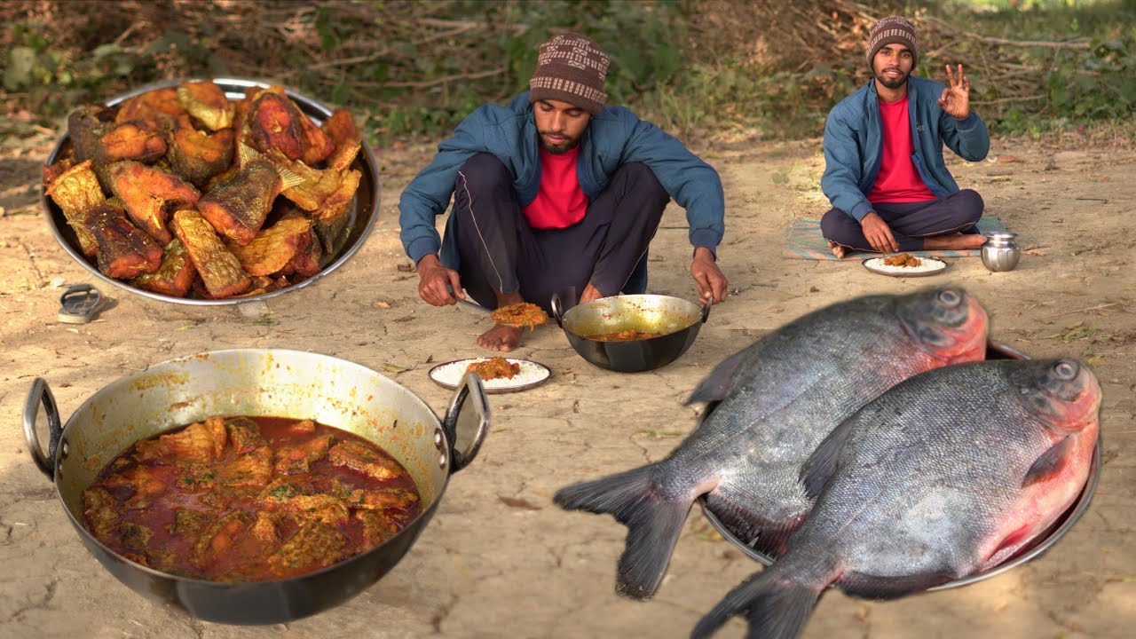 रूपचंद मछली बनाने का बिल्कुल देसी तरीका | Red Pomfret Fish Masala Recipe Cooking & Eating in village