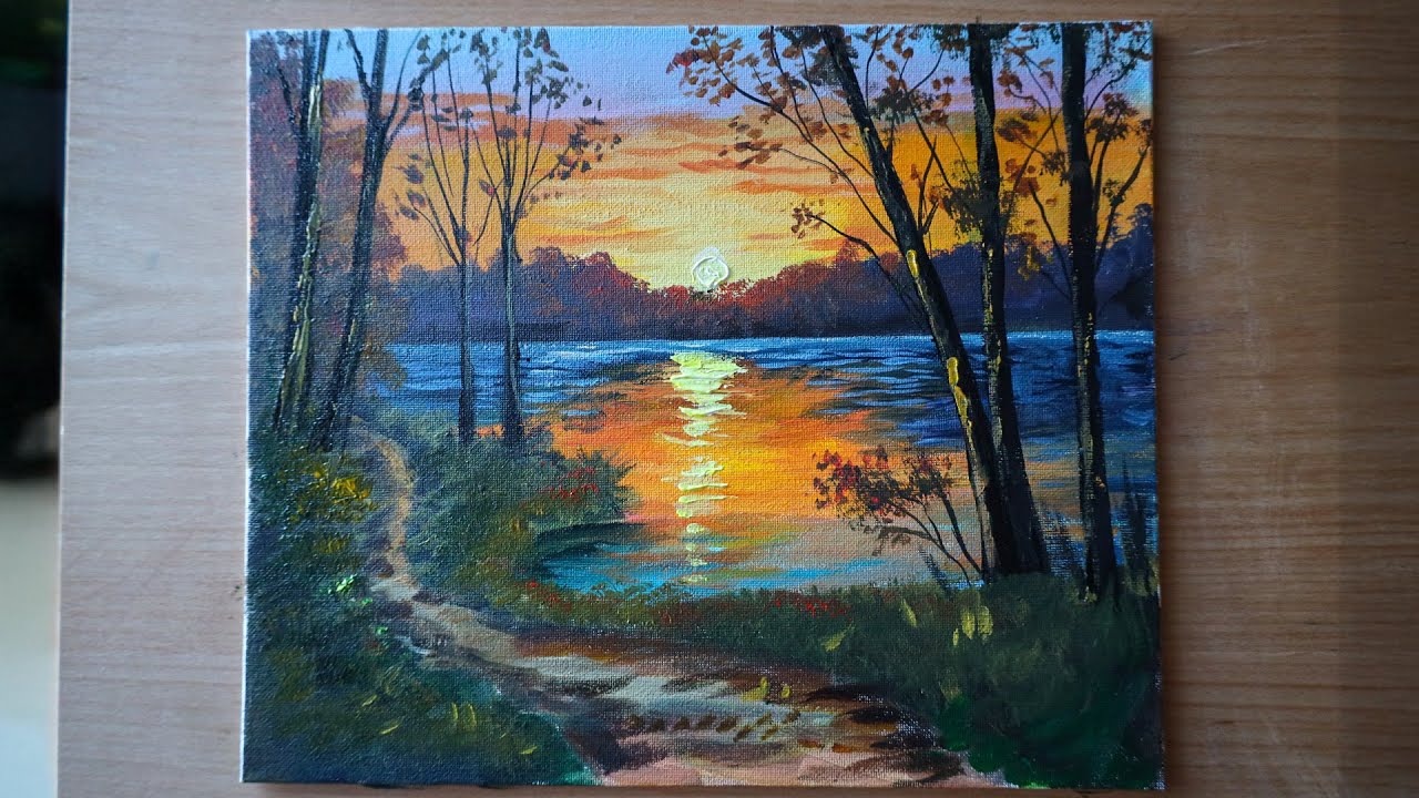 Autumn Sunset Landscape Acrylic Painting | Step-by-Step Painting Process