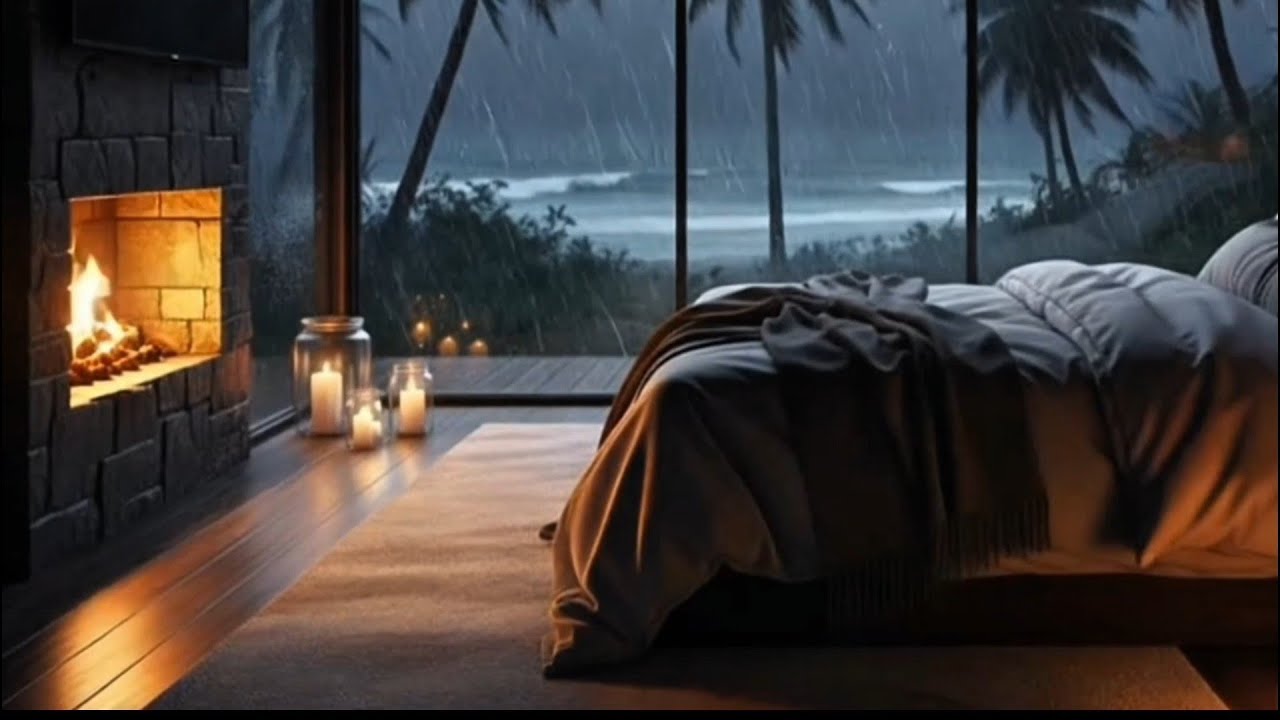 No Ads ASMR Heavy Rain sounds 24/7 | Warm Fireplace in Cozy Cabin🔥