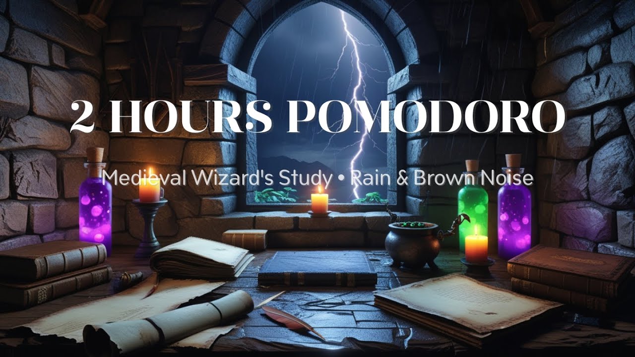 Wizard's Tower Rain 🧙‍♂️ 2 Hour Pomodoro Timer (25/5) Magic Ambience