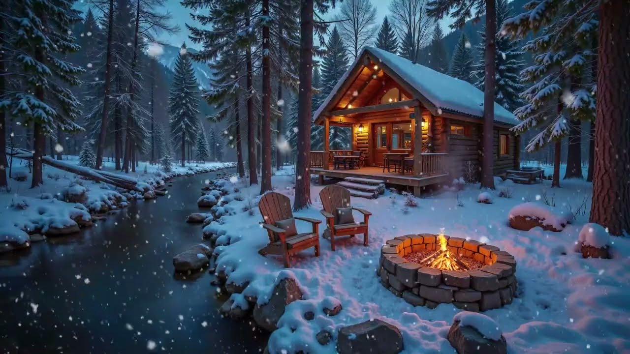 Winter Riverside Porch Snowfall Firepit & Piano Ambience ❄️ Relax, Study, Work, Meditation