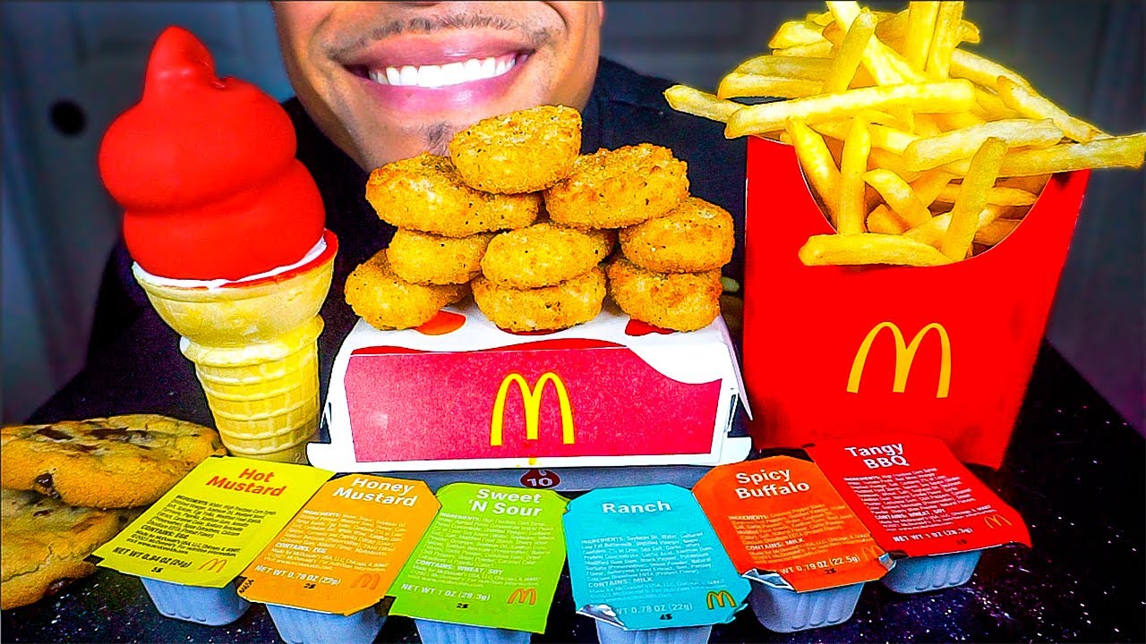 MCDONALD'S CHICKEN NUGGETS ICE CREAM CONE DIPPED CHOCOLATE CRISPY FRENCH FRIES BIG BITES ASMR MUKBAN