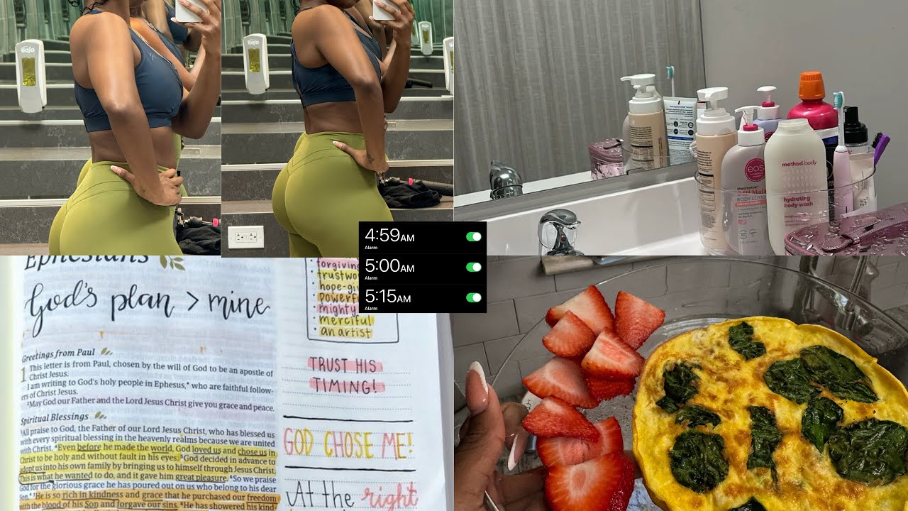 5AM Realistic Morning Routine | productive mindset, gym girl, skincare,post & pre workout meal ideas