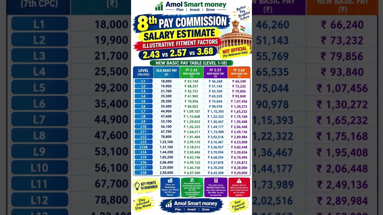8th Pay Commission Salary 2026 | Fitment Factor 2.43 vs 2.57 vs 3.68 | Level 1&ndash;18 Basic Pay