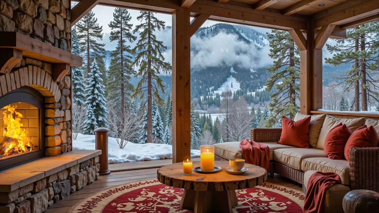 Relaxing Winter Piano Music with Snowfall ❄️🔥Crackling Firepit & Nature Sounds Ambience