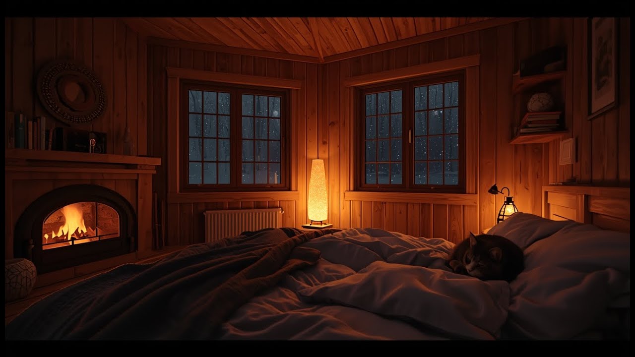 Cozy Fireplace Bedroom ❄️ | Gentle Snowfall, Sleeping Cat & Warm Night Ambience | 6 Hours