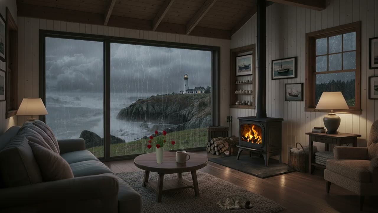 Cozy Ocean Sunset🔥🌧️Warmth Fireplace & GENTLE Rain Sounds For Deep Sleep, Focus & Anxiety Relief