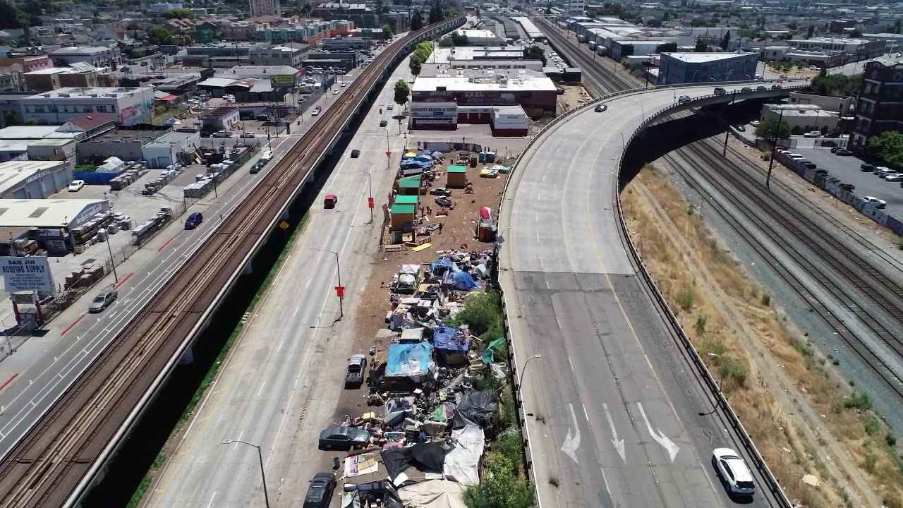 Oakland homeless camp drone view