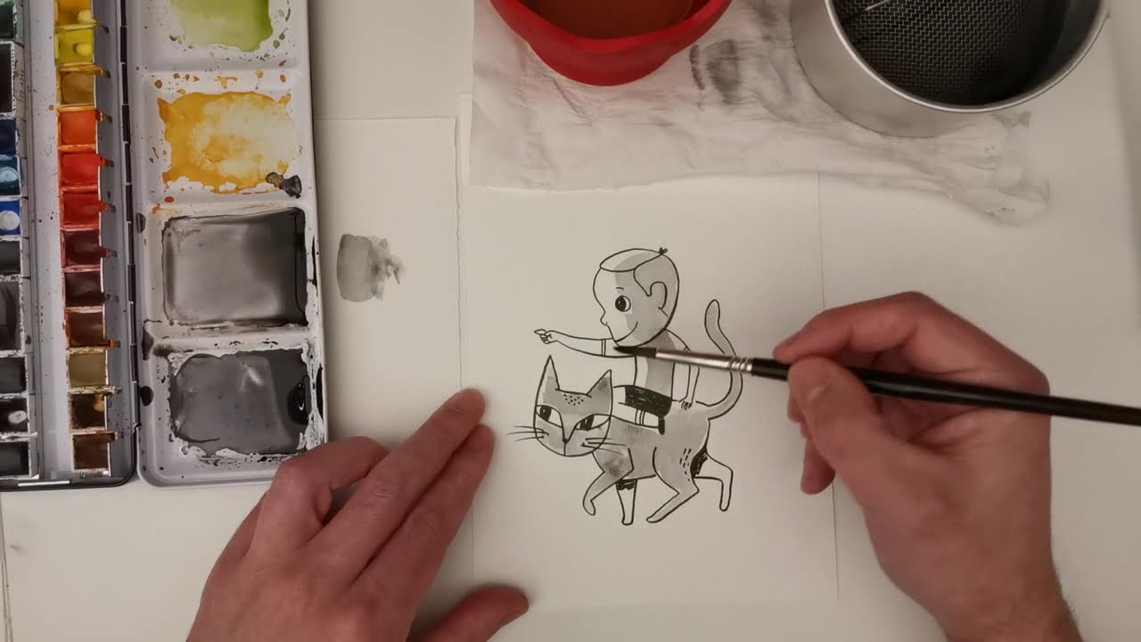 Técnica de ilustración en blanco y negro: acuarela en pastilla.