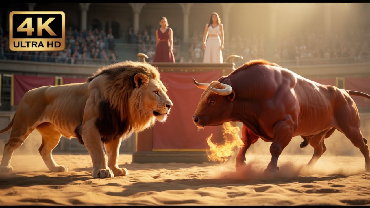 Massive Muscular Lion vs. Red Bull Training | Great Arena Performance with brave girls Trainers