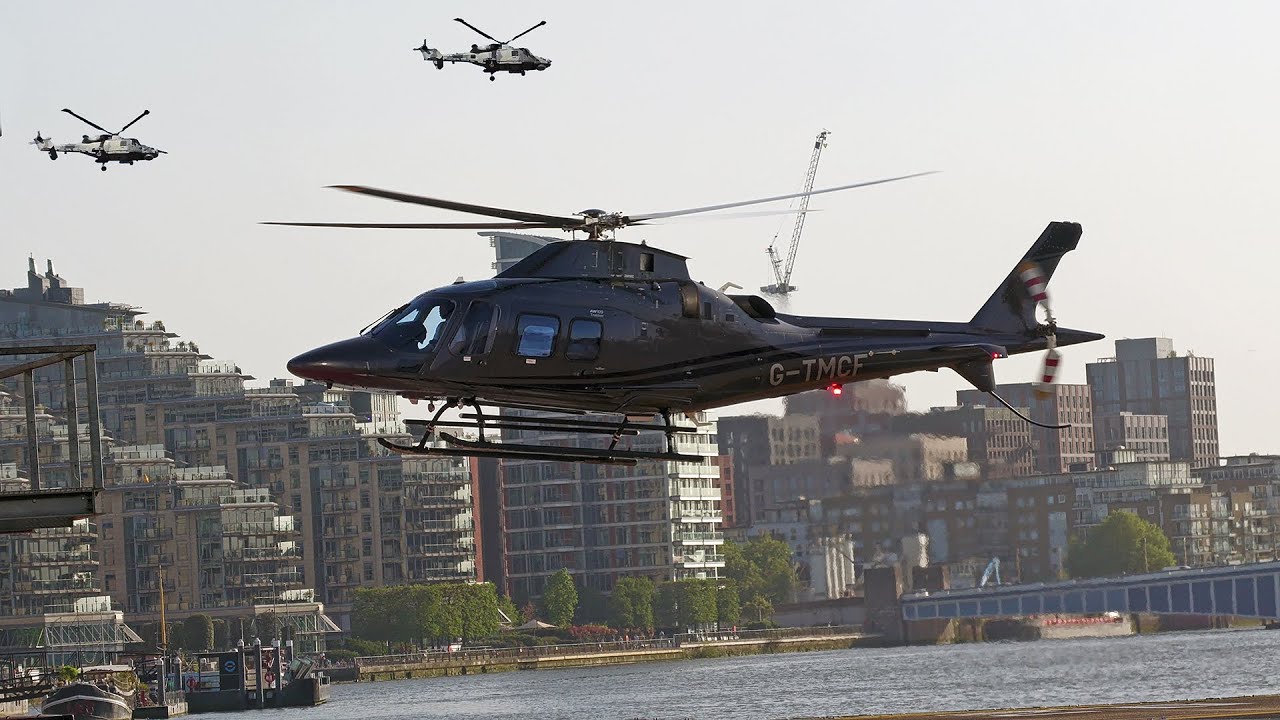 Two A109s arrival & departure at London Heliport