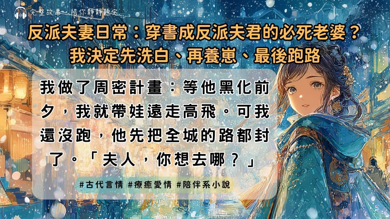 【完結】《反派夫妻日常[穿書]》穿書成反派夫君的「必死老婆」？我決定先洗白、再養崽、最後跑路，結果他先一步把城門關了。｜#穿書反派 #一口氣聽完 #陪伴系小說