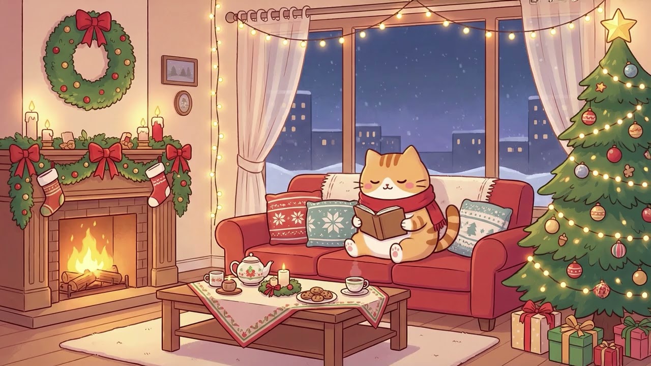 Kitty Cat’s Cozy Christmas Room 🎄🐱 Warm Lofi Study Vibes ☕ Chill Beats for Work & Focus