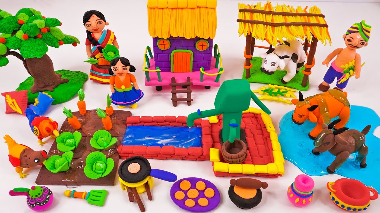 DIY How to make polymer clay miniature farm house, hand pump, kitchen set, cow shed