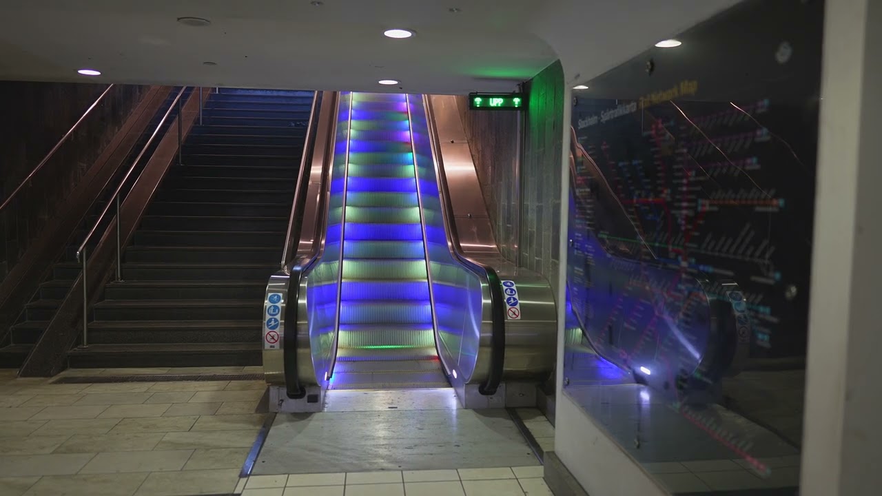 Sweden, Stockholm, Östermalmstorg Subway Station, 1X elevator, 1X colorful escalator