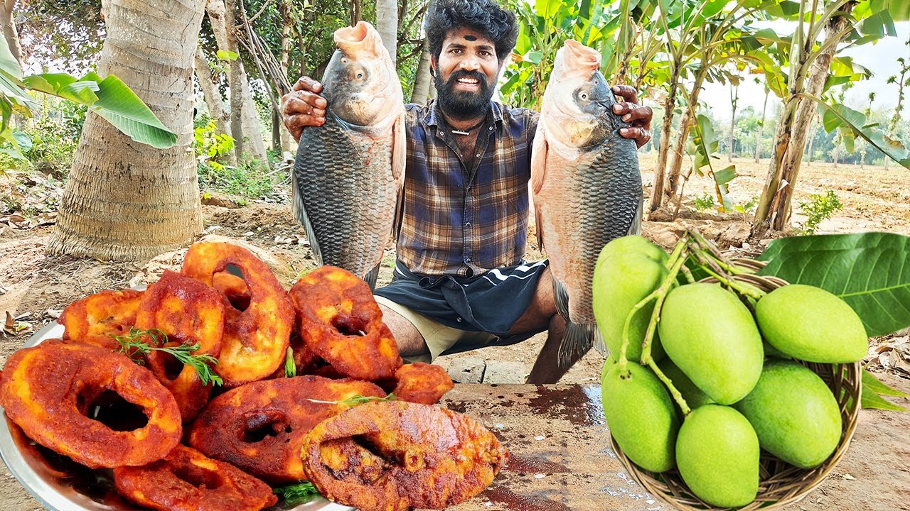 7 KG=BIG Size FISH || Mango || Fish Gurvy || Fish FRY || Village Style Cooking in WORLD MAN