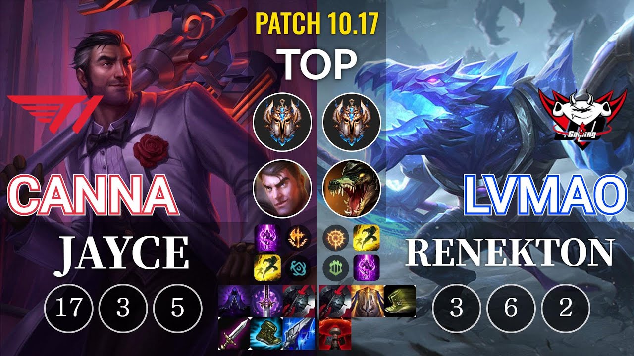 T1 Canna Jayce vs JDG LvMao Renekton Top - KR Patch 10.17