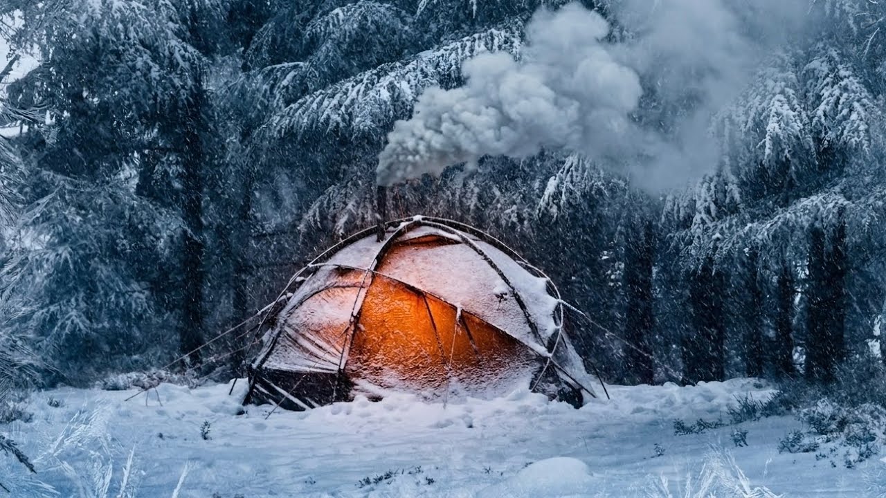Hot Tent Winter Camping in Deep Snow  | Relaxing ASMR Snow & Cozy Wood Stove Fire