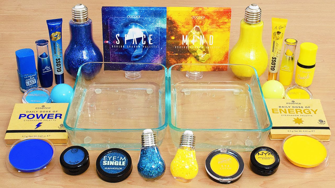 Electric Blue vs Bright Yellow - Mixing Makeup Eyeshadow Into Slime ASMR