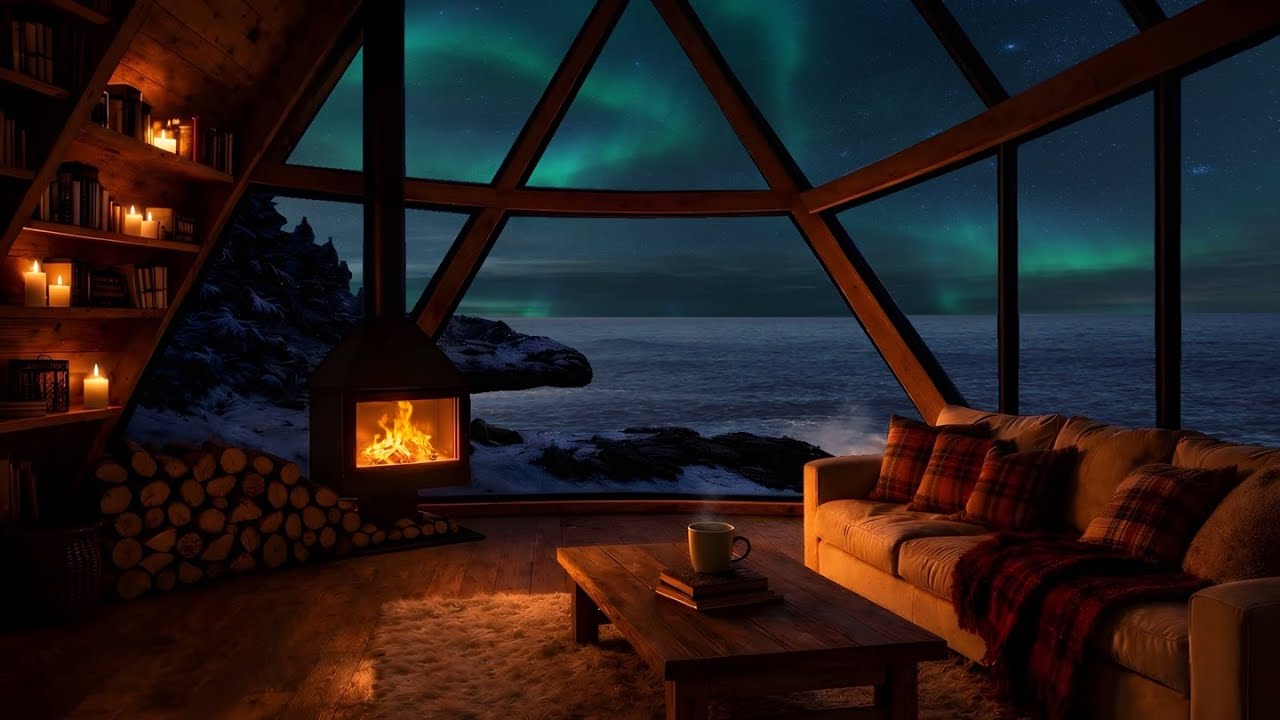 Cozy Fireplace Ambience with Northern Lights 🌌 Ocean, Winter, Night | Sleep, Relax, Study, Read