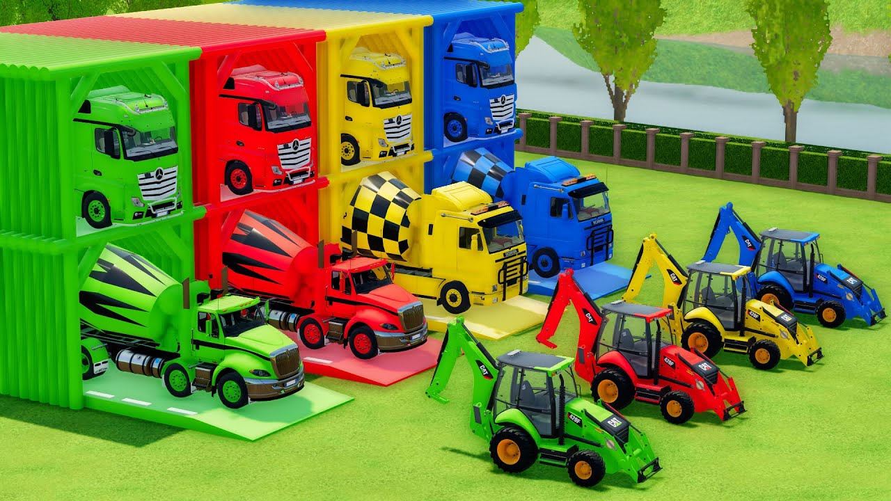 Garage with Colors - ALL MIXER TRUCK WITH DOUBLE FLATBED TRAILER TRUCK, MERCEDES, SCANIA, CAT, MAN