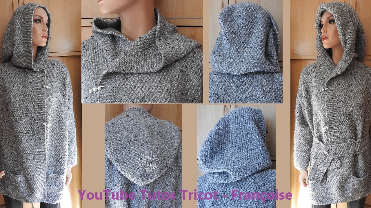 Tuto Tricot Veste à capuche Femme et poches intégrées de la taille 34 à 52 au point de blé