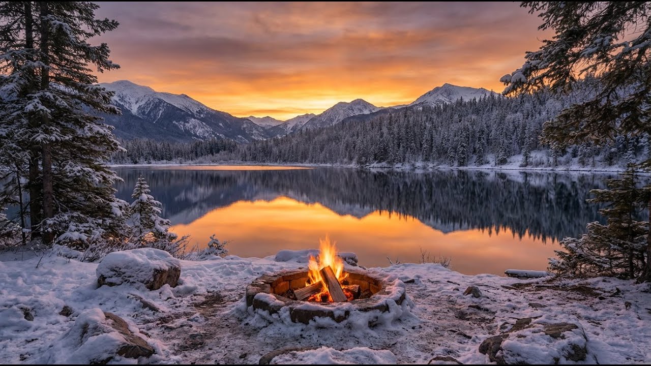 You’re Relaxing by a Frozen Lake at Sunset ❄️🔥 Soft Campfire Sounds (24/7)