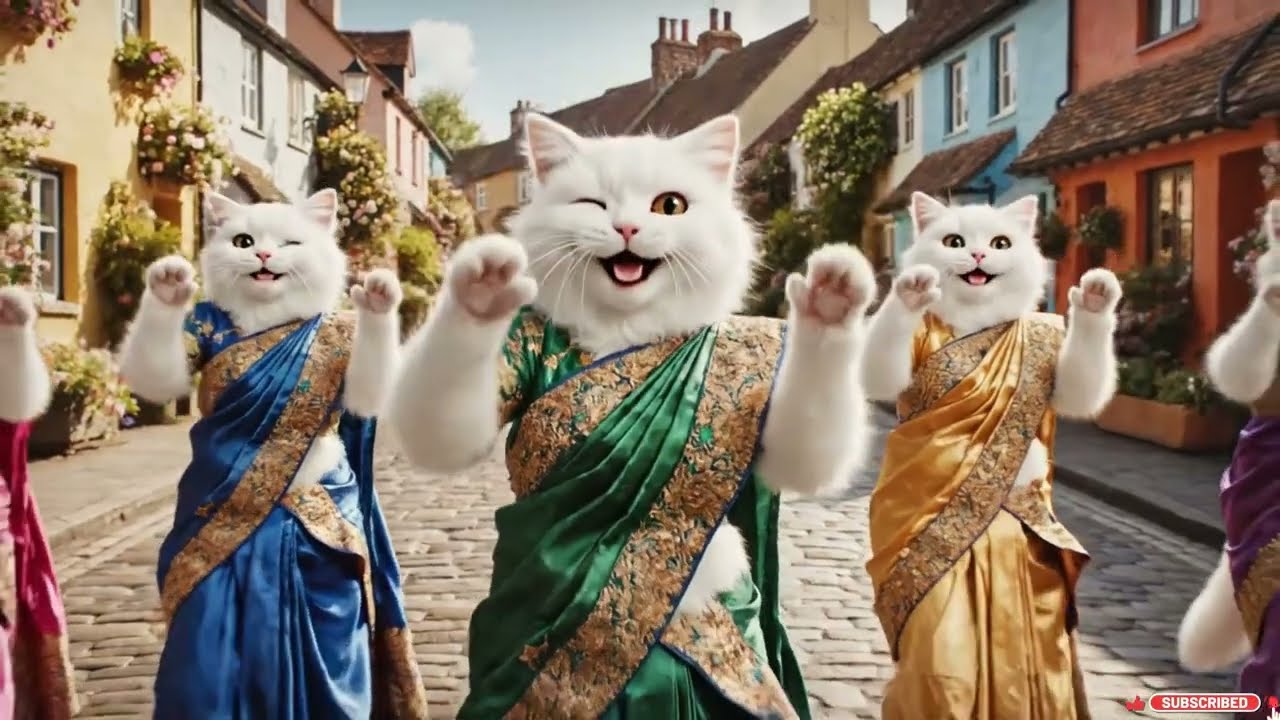 Fluffy White Cats Dancing in Village | Colorful Sarees | English Song Vibes #catdancing