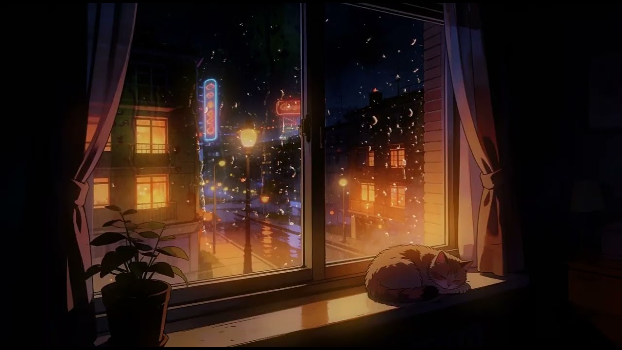 7 Hours Rain on Window at Night | Cozy Cat & City Lights Ambience