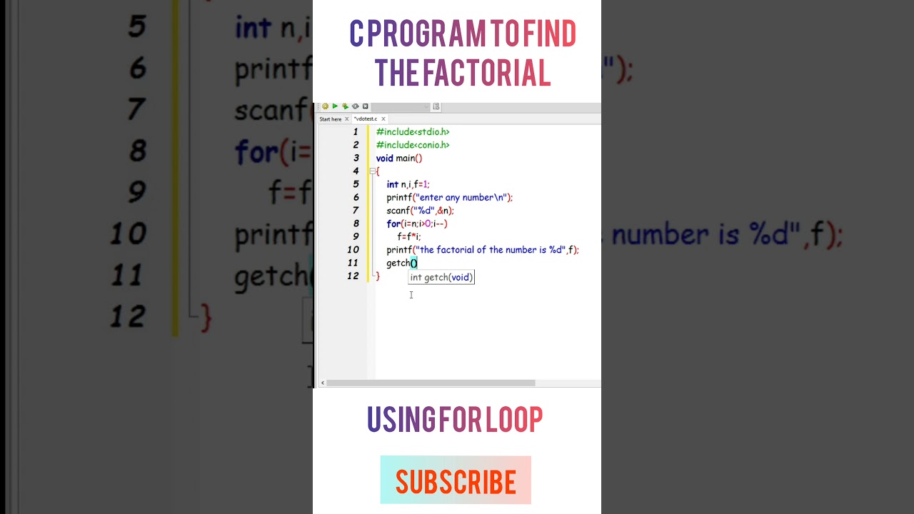 C program to find factorial of a number using for loop #shorts
