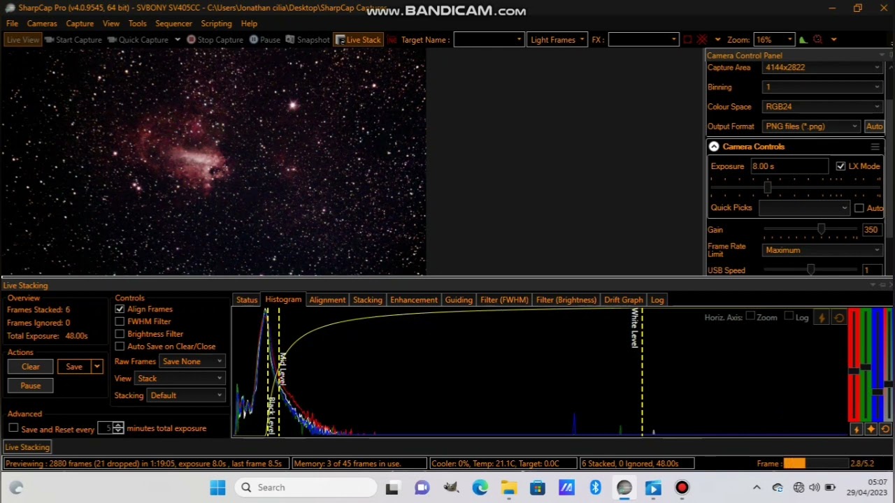 live stacking the omega nebula on sharpcap software, EAA