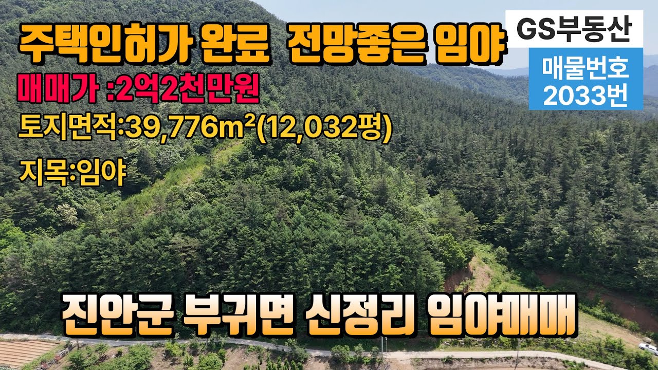 [진인임야매매]전북특별자치도 진안군 부귀면 신정리 임야매매 건축인허가 완료되어 바로 건축 가능함 토지면적 39,776(12,032평) 진안 부동산(물건번호:2033번)