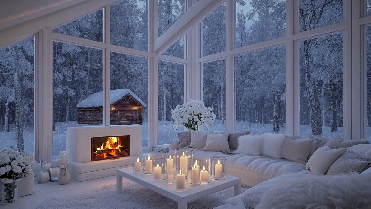 🫖🎹 Calm Winter Piano Lounge Escape | Snowfall, Fire Glow & Winter Flowers Inside | Focus Relax Sleep