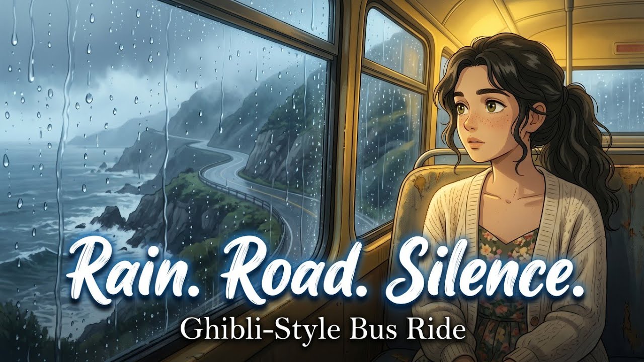 Cozy Rainy Bus Ride in a Ghibli‑Style Village | Relaxing Wordless Animation