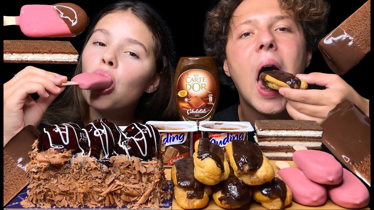 ASMR CHOCOLATE CAKE, MAGNUM ICE CREAM, ECLAIRS, KINDER MILK-SLICE EATING SOUNDS MUKBANG | Tati ASMR