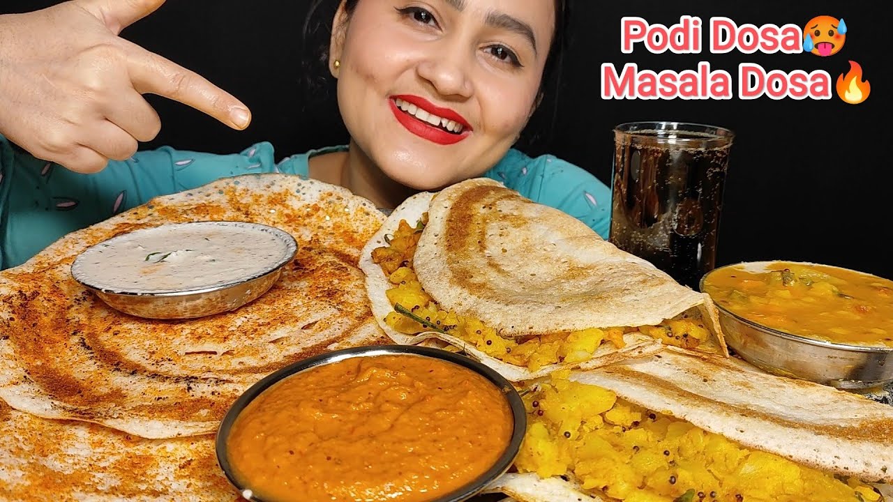 UNCUT MUKBANG‼️😉ll Eating Spicy Podi Dosa🥵Masala Dosa🔥Tamatar Chutney,Nariyal chutneyll MUKBANG+ASMR