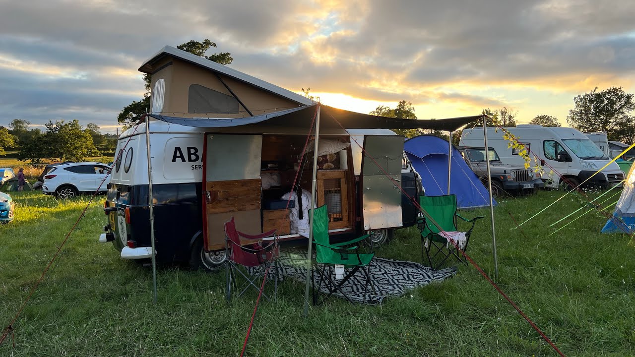 Fiat 238 camper van custom awning + rusty chrome headlight rims+WOMAD festival 2023