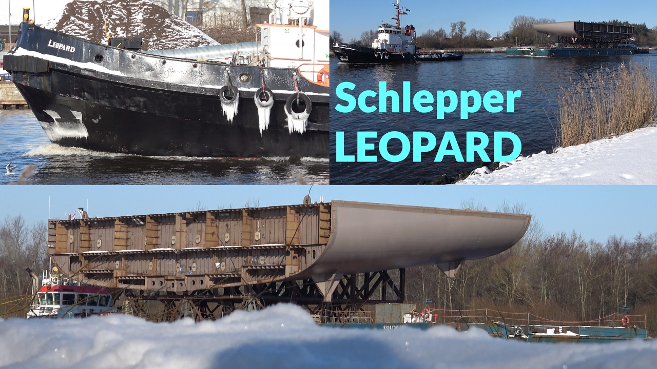 Vereister LEOPARD zieht Schiffsegment bei Schnee durch den NOK zur Meyerwerft