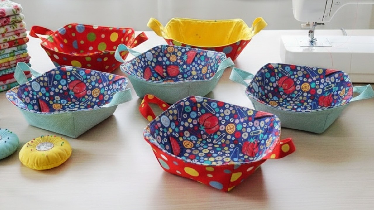 Cute DIY Fabric Basket. Easy Sewing Project For Gift Ideas And Useful For Organizing Sewing Room.