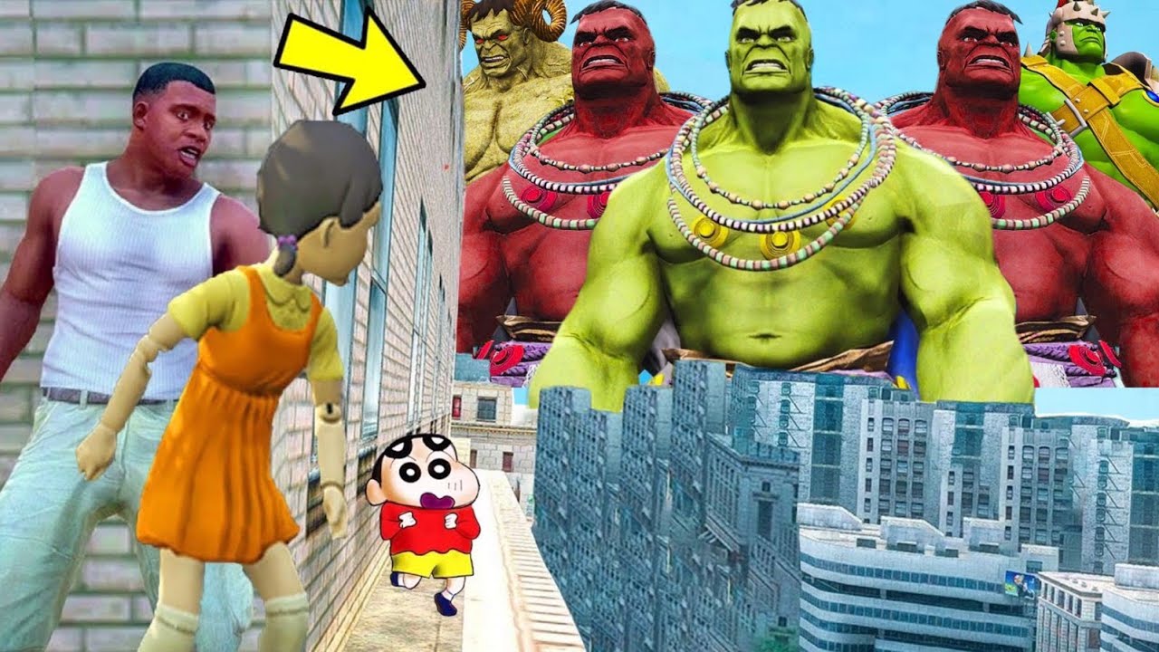 Franklin and Shinchan & Pinchan play HIDE AND KILL with Squid Game Doll In GTA 5