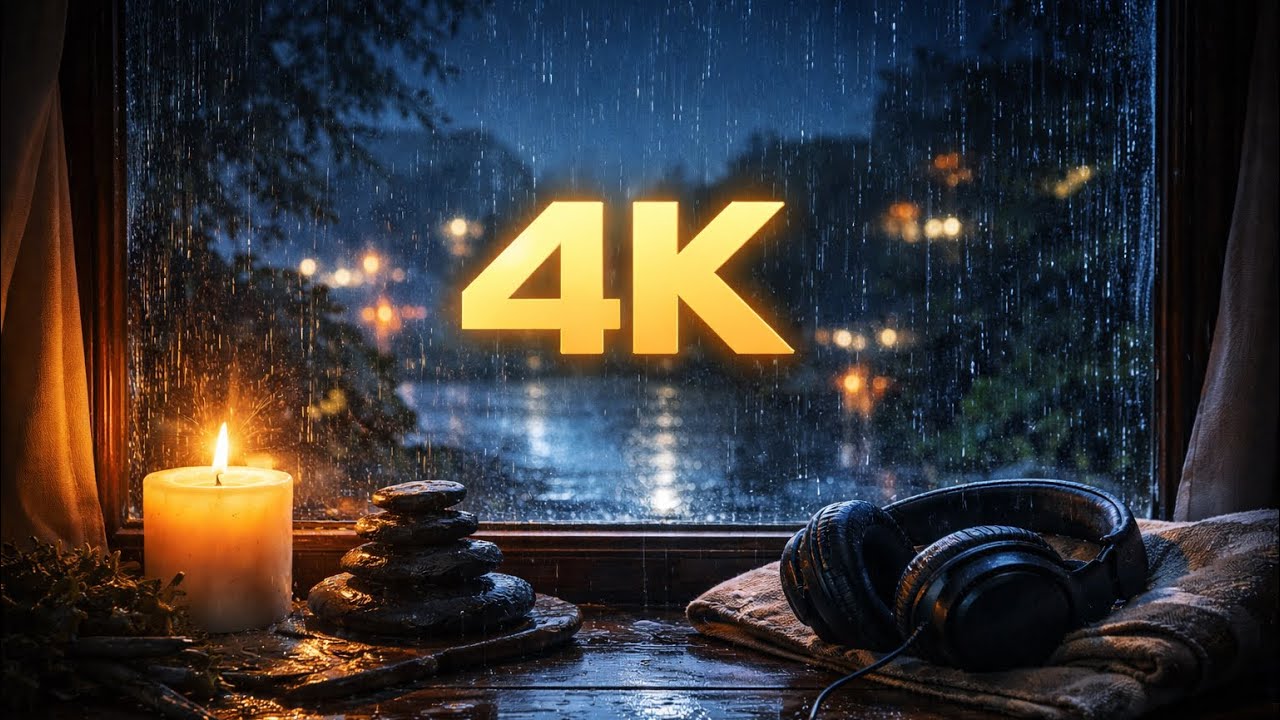 Night Rain & Soft Piano Music for Sleeping in 4K