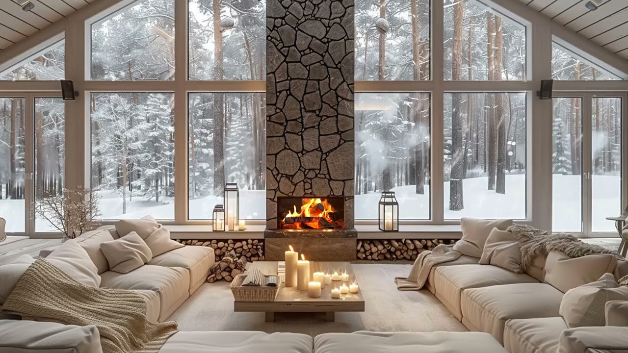 Cozy Fireplace and Snowstorm Piano  Winter Cabin Ambience for Deep Sleep