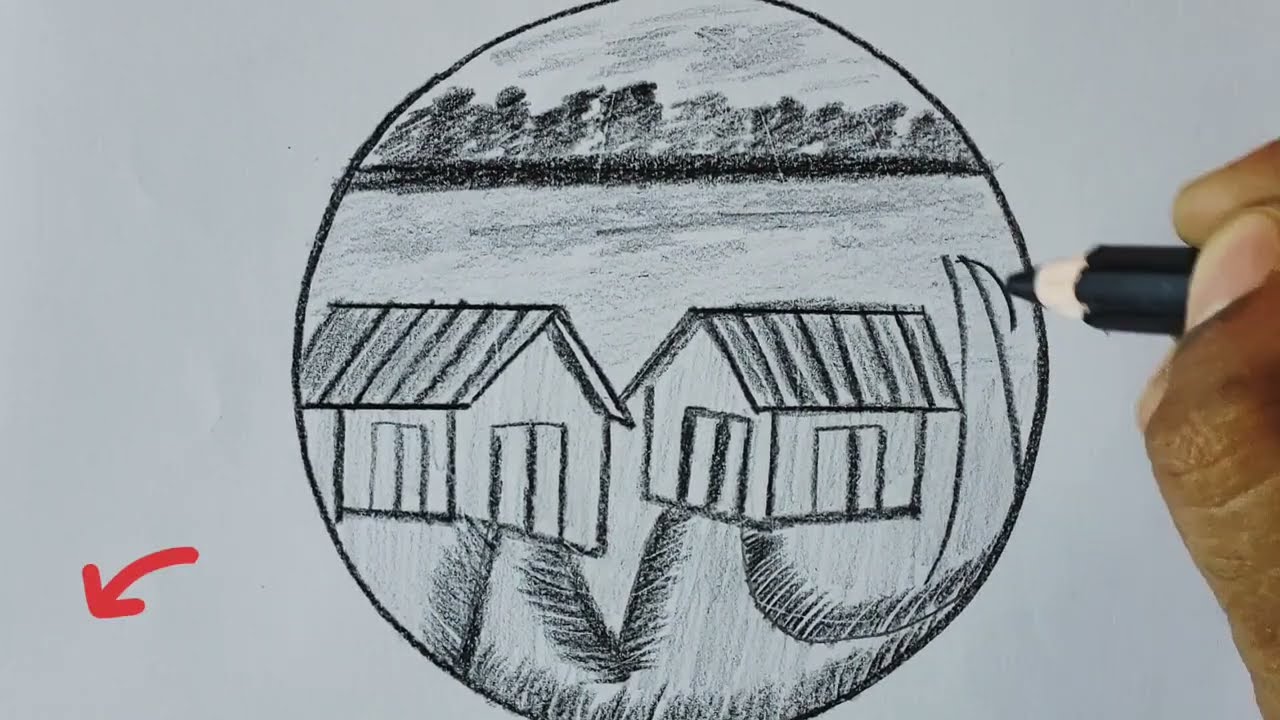 how to draw easy scenery drawing how to draw village with scenery drawing using just a pencil 