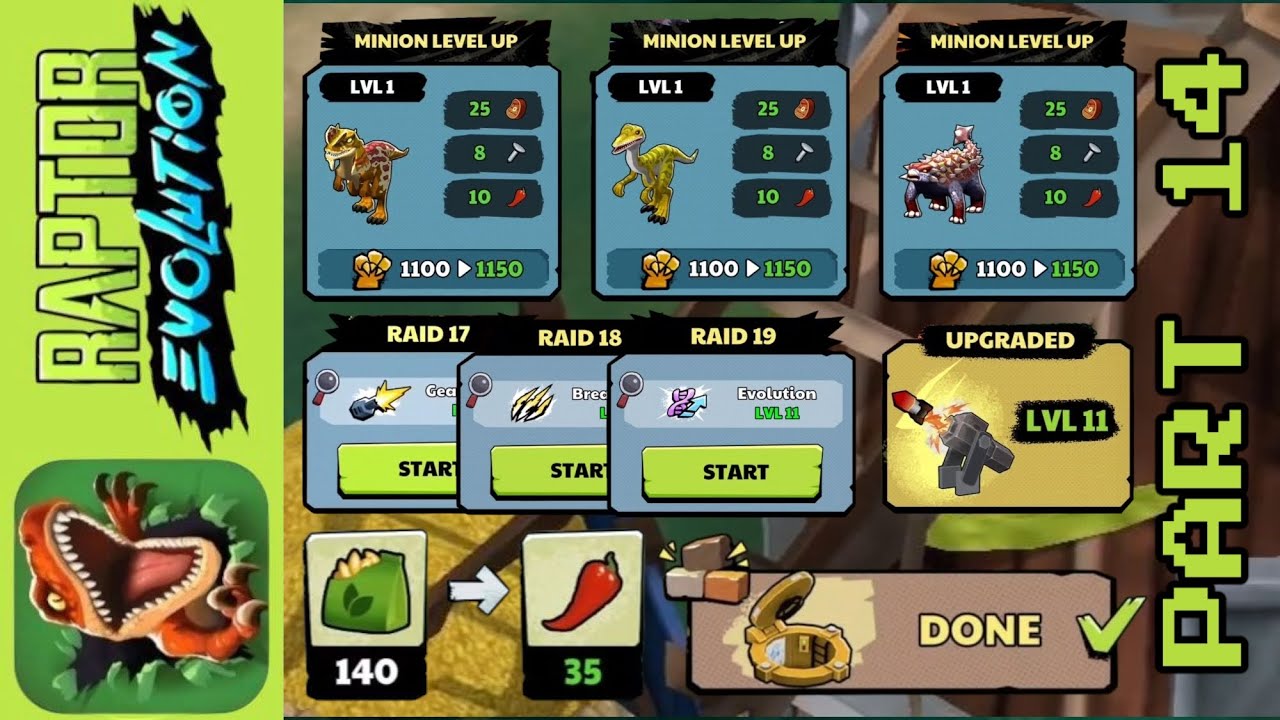 Raptor Evolution - Minions lvl up, open bunker, greenhouse, collect chilli, raid 17-19 [Part14]