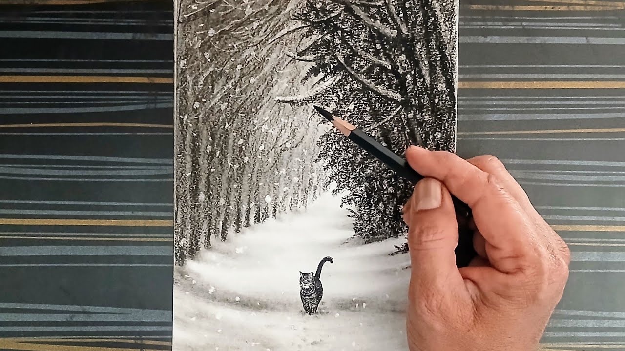 A pencil drawing of a landscape featuring a cat walking on a path surrounded by snow-covered trees.