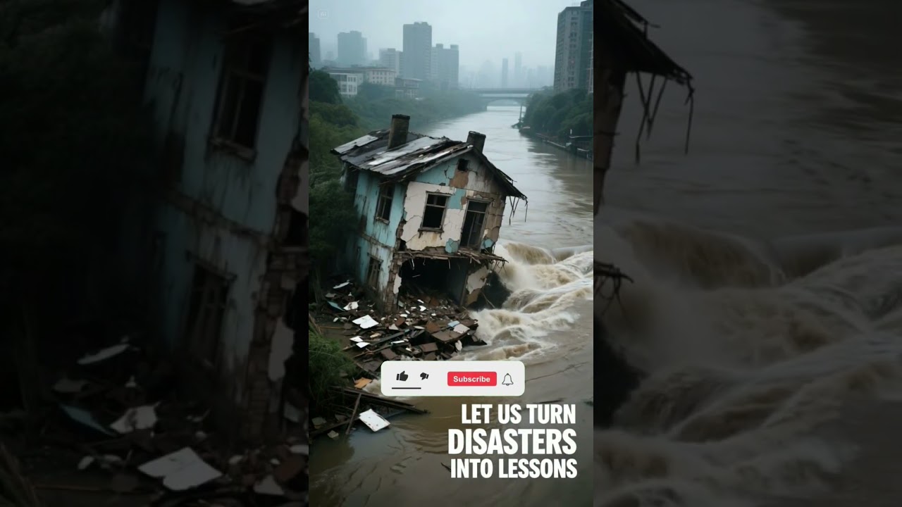 A House Crumbles Into a Swollen River.