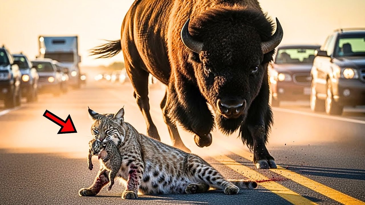 Injured Pregnant Bobcat Crosses Highway Holding Newborn Cub – 2000lb Wild Bison Charged & Then THIS!