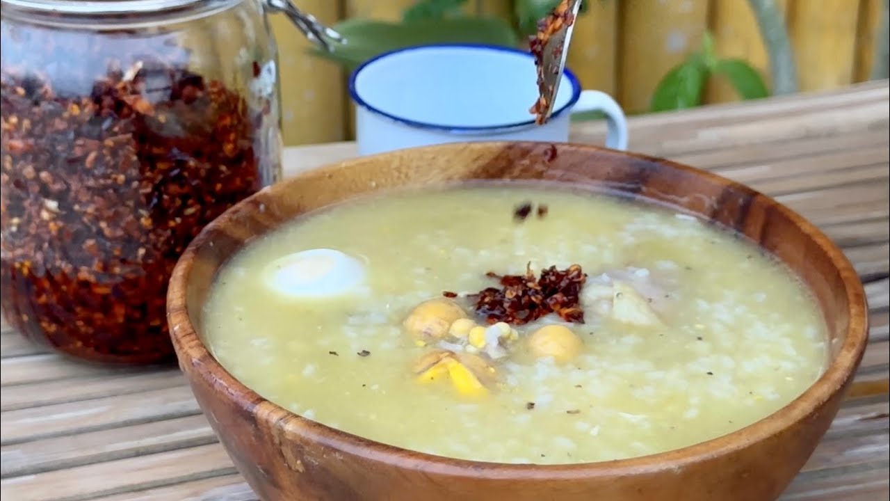 My ultimate comfort food | Native chicken arroz caldo topped with homemade chili garlic | Kusinela