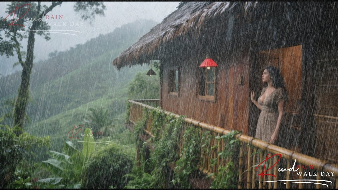VILLAGE LIFE IN TRADITIONAL TROPICAL HOUSES HIT BY A RAIN STORM. A RELAXING RAIN WALK